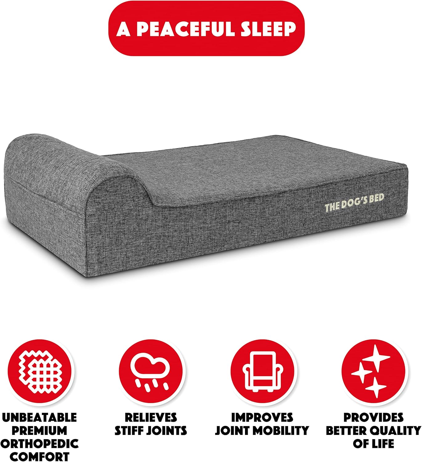 The Dog’s Bed Orthopedic Headrest Dog Bed, Large Grey Linen 40x25, Memory Foam, Pain Relief for Arthritis, Hip & Elbow Dysplasia, Post Surgery, Lameness, Veterinary Approved, Waterproof Washable Cover - Pet Explorer