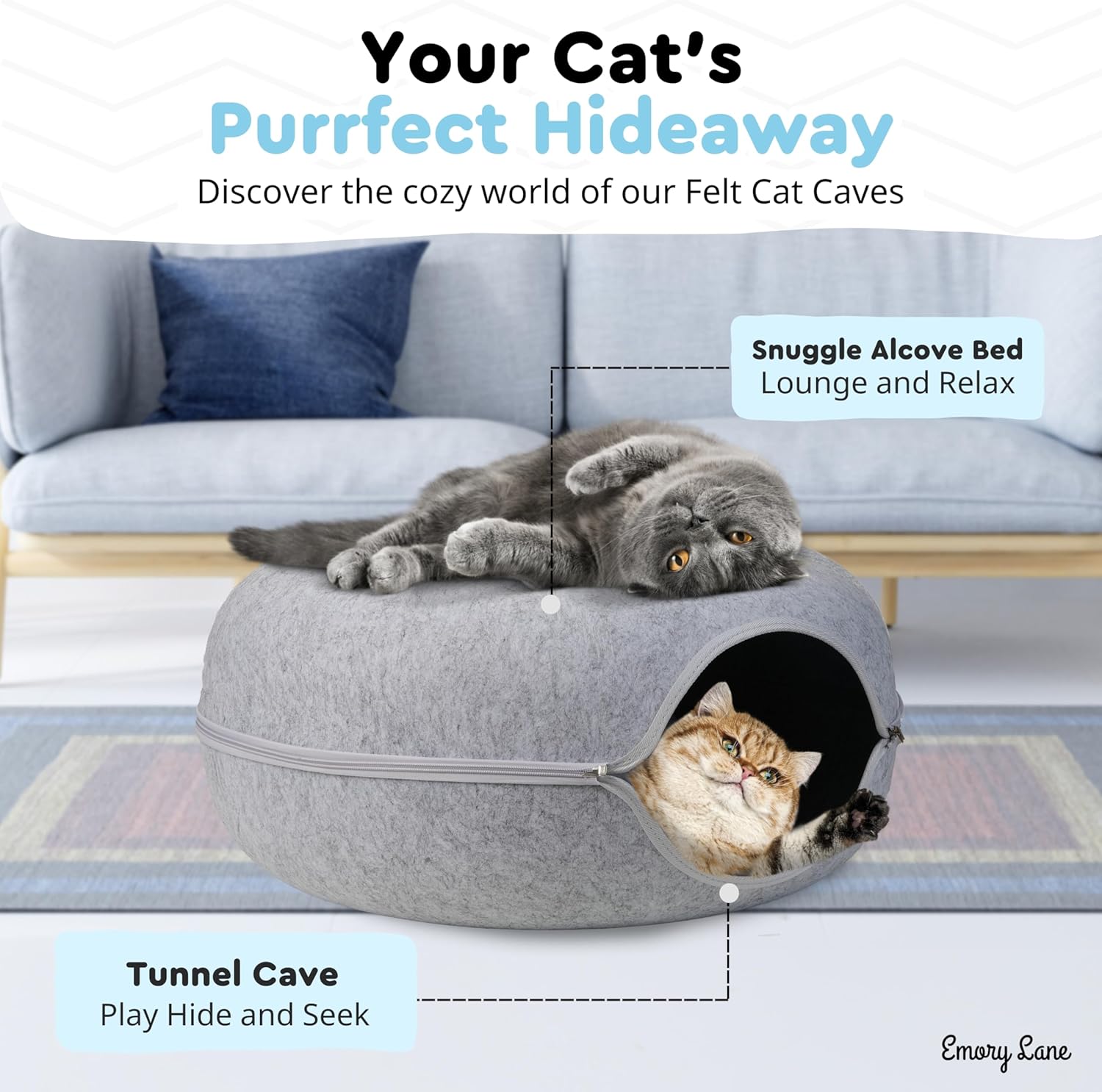 Emory Lane - Premium Cat Cave for Small Pets, Multifunctional Donut Tunnel Bed for Indoor Pets, Round Felt Pet Cave with Premium Zipper, for Pets up to 40 Lbs (24x24x11 Inch) (Light Gray) - Pet Explorer