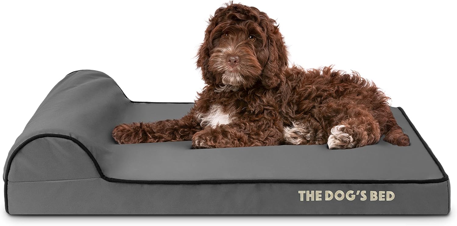 The Dog’s Bed Orthopedic Headrest Dog Bed Med Grey/Black 34x22, Memory Foam, Pain Relief: Arthritis, Hip & Elbow Dysplasia, Post Surgery, Lameness, Veterinary Approved, Waterproof Washable Cover - Pet Explorer