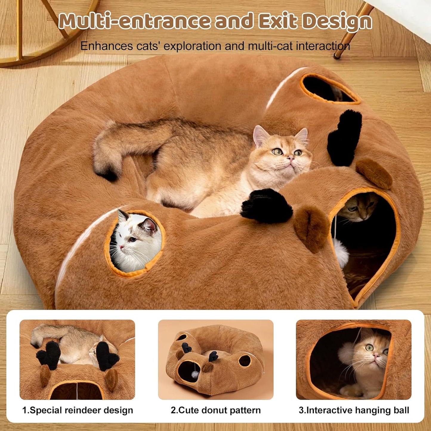 Odoland Reindeer Cat Tunnels Bed with 20 Kitten Toys for Indoor Cats, Plush Cats Couch Tunnel Bed - Kittens Cave Donut Tunnel - Detachable Soft Cat Bed and Variety Kitty Toy Set - Pet Explorer