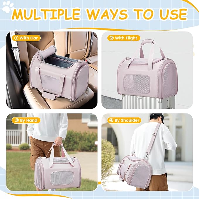 Cat Carrier Soft, Pet Dog Carrier Soft-Sided Airline Approved, Pet Travel Carrier Up to 20lbs, Collapsible Cat Carrier Dog Carrier for Medium Cats Small Dogs, Pink