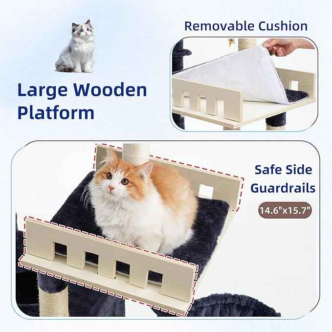 Cat Tree for Indoor Cats Large Adult, Heavy Duty Cat Tree for Large Cats 20 lbs+, Cat Condo with Big Wooden Perch, Cat Tower with 14 Scratching Posts, Hammock, Smoky Gray GCT023G
