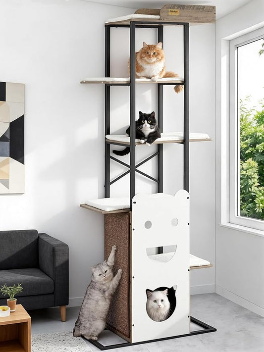 Modern Wood Cat Tree Tower, 84 Inch Extra Tall Cat Condo Trees for Indoor Cats Large Adult, XL Multi-Level Heavy Duty Wooden Sturdy Cat House Furniture with Platform Perch Bed Scratching Post Board