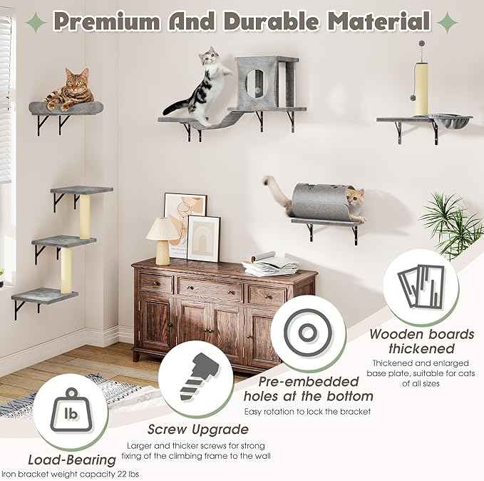 NUNU LAB 7-in-1 Wall Mounted Cat Climber Set, Cat Wall Furniture Set with House, Bridge, Steps, Scratcher Post, DIY Playground, Cat Wall Shelves - Gray