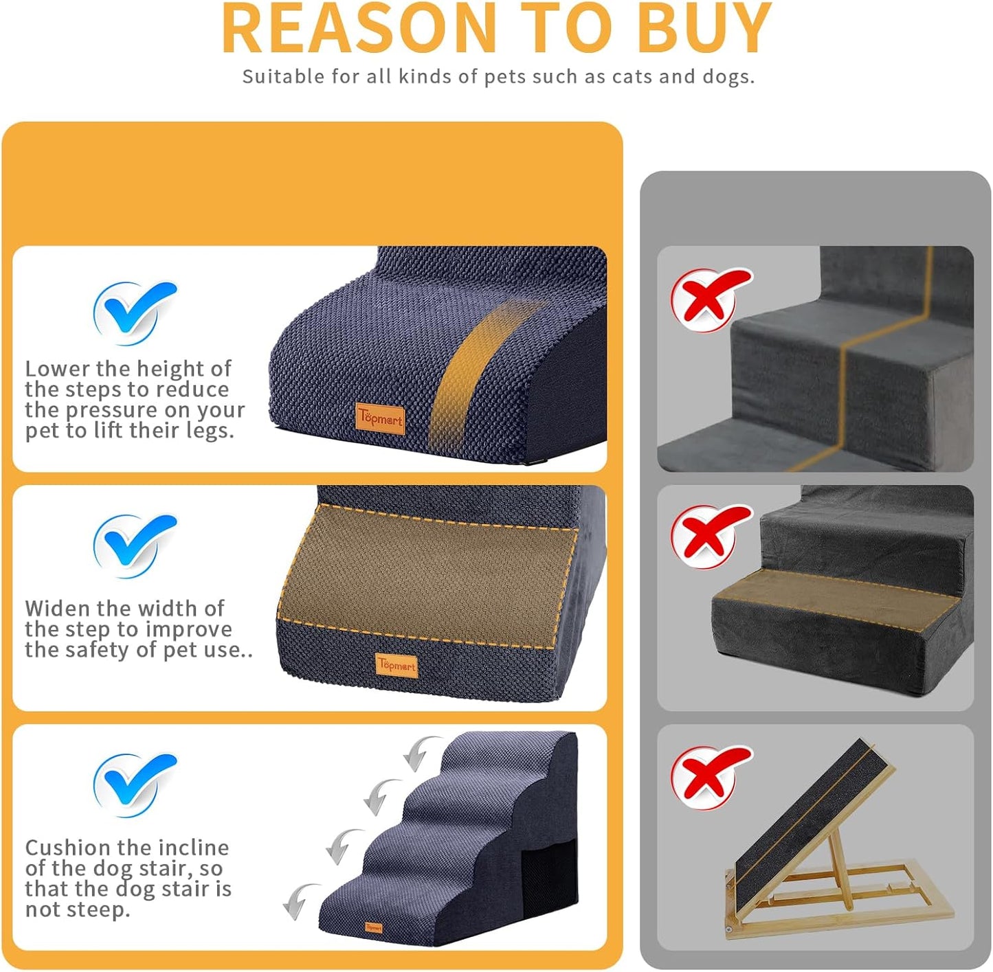 Topmart High Density Foam Dog Steps 4 Tiers,Extra Wide Deep Pet Steps,Non-Slip Dog Stairs Ramp for Bed,Soft Foam Cat Ladder,Best for Older Injured,Older Pets,Cats with Joint Pain - Pet Explorer
