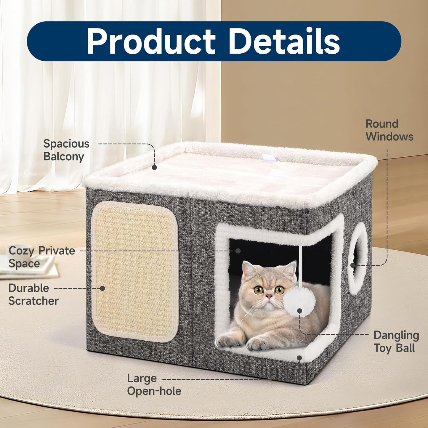 Cat Beds for Indoor Cats, Large Cat Cave with Cozy Condo, Fluffy Hanging Ball, Round Window, Foldable Indoor Cat House Hold Up to 30LBS, Cat Hideaway with Double-Sided Soft Cushions for All Seasons - Pet Explorer