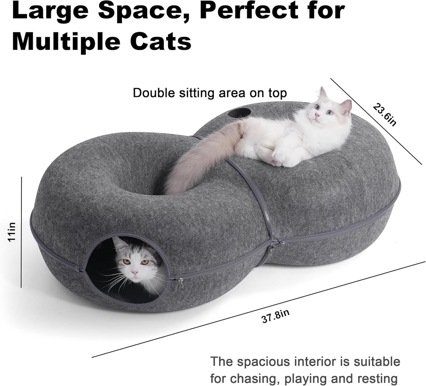 8-Shaped Large Cat Tunnel Bed for Indoor Cats, Infinite Circulation Peekaboo Cat Cave with 12 Toy Balls, Cat Donut Tunnel for Cats up to 30 Pounds (Dark Grey, L 38x24x11in) - Pet Explorer