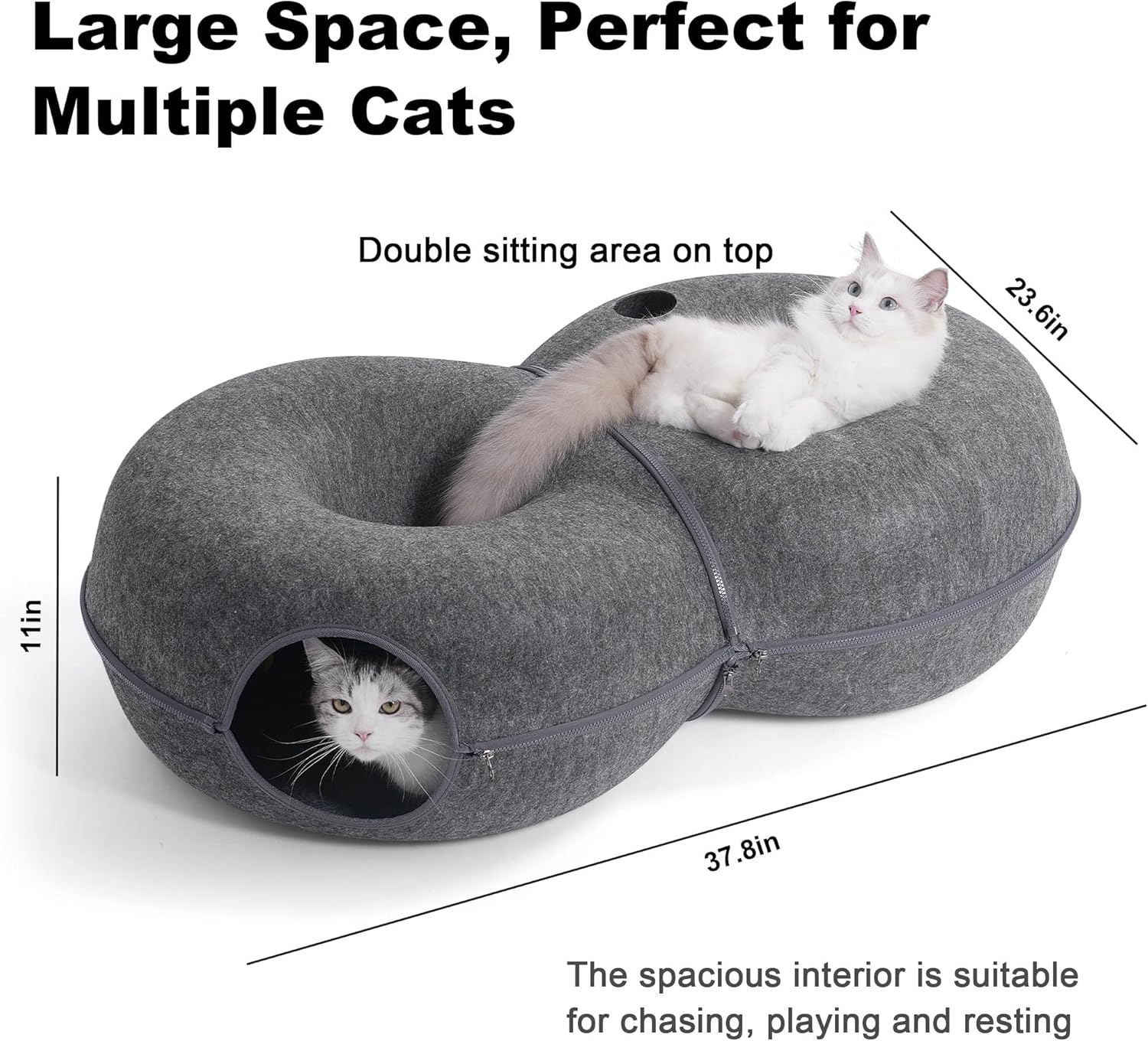 8-Shaped Large Cat Tunnel Bed for Indoor Cats, Infinite Circulation Peekaboo Cat Cave with 12 Toy Balls, Cat Donut Tunnel for Cats up to 30 Pounds (Dark Grey, L 38x24x11in) - Pet Explorer