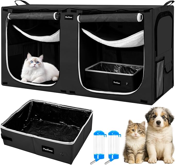 Huge Sapce Double Compartment Cat Travel Carrier with Litter Box & Homack | Cat Show Kennel Cage Crate with Mat & Water Bottle