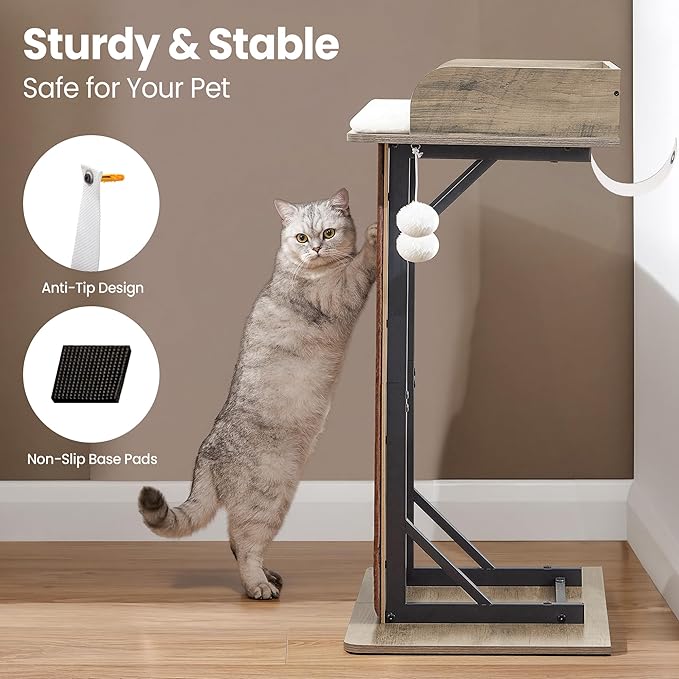 Modern Wood Cat Tree Tower for Indoor Large Cats, 33.8-Inch Tall Wooden Cat Trees with Big Perch Bed, Cat Scratching Pads, Washable Removable Cushions and Scratching Mat, Cat Furniture, Greigy