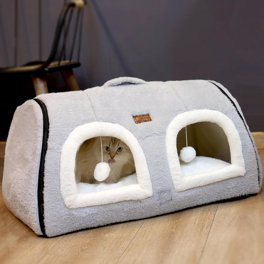 Cat Bed for Indoor Cats，Foldable cat cave，Anti-Slip & Water-Resistant Bottom，cat Houses for Indoor Cats or Small Dogs, Kitten Tent, Rabbit Double Hole Bed:(27.5"×15.3"×15.3" - Pet Explorer