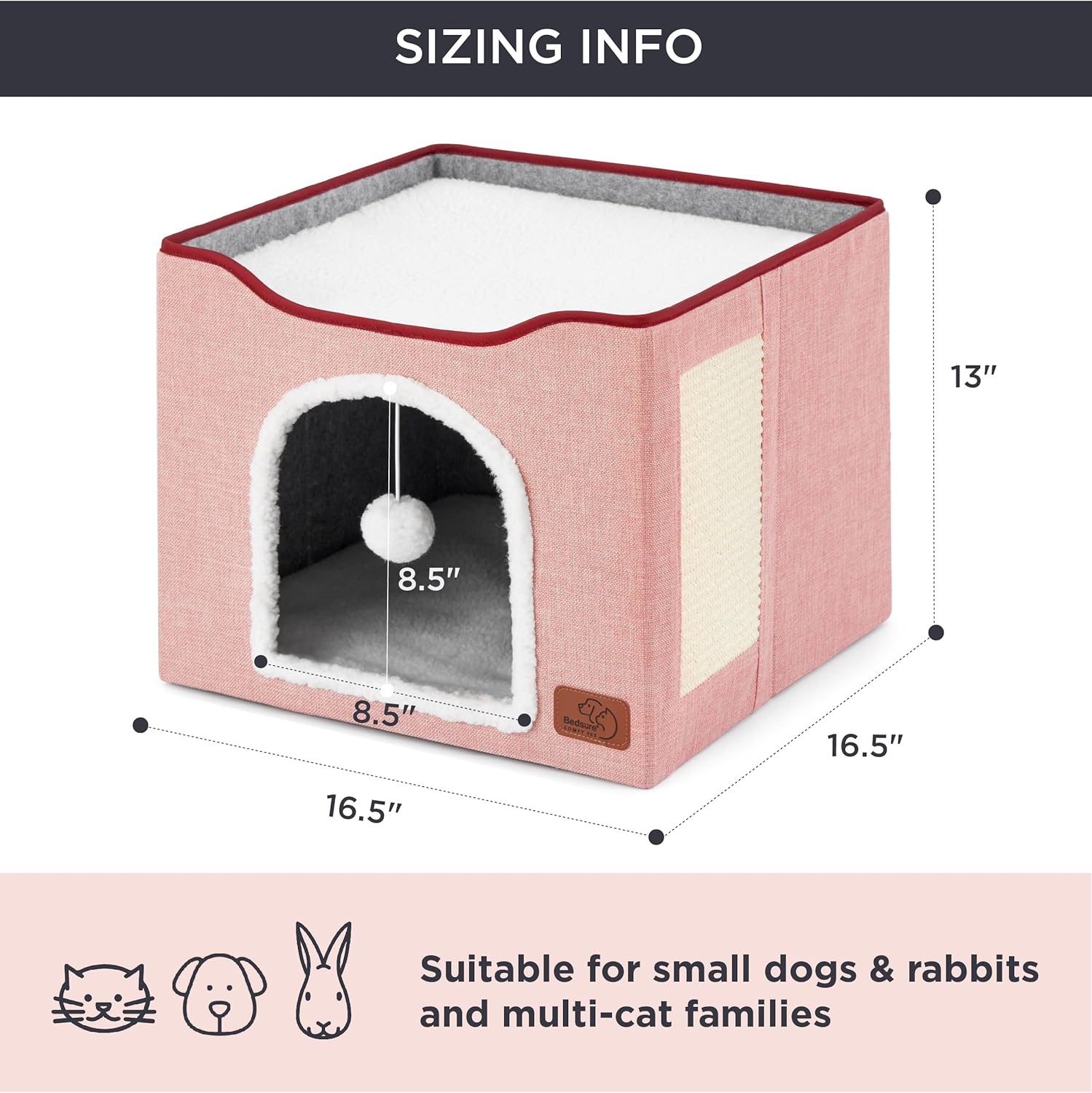 Bedsure Cat Beds for Indoor Cats - Large Cat Cave for Pet Cat House with Fluffy Ball Hanging and Scratch Pad, Foldable Cat Hideaway,16.5x16.5x13 inches, Pink - Pet Explorer