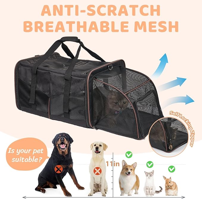 Cat Travel Carrier with Litter Box, Expandable Cat Carrier for 2 Cats for Car Travel, Double Cat Carrier with Zipper Locks, Soft Sided Pet Carrier for Cats and Dogs up to 30lbs, Black