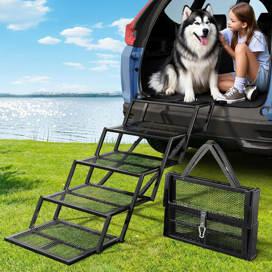 Dog Stairs for Large Dogs, Linvivon Extra Wide 20" Dog Steps with Non-Slip Surface and Reflective Strips, Outdoor Foldable Dog Ramp for Stairs, Car, Truck and SUV, Supports Up to 400LBS, 5 Steps - Pet Explorer