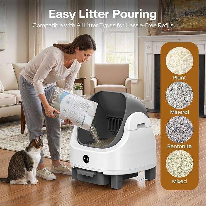 OROLEY Self Cleaning Litter Box, Automatic Litter Box,Odor Control Robot, Cat Ears Design, 96L APP Real-Time Monitor, Cat Litter-Boxs for Multiple Cats,Infrared Safety Sensor, with 1 Trash Bag (Gray)