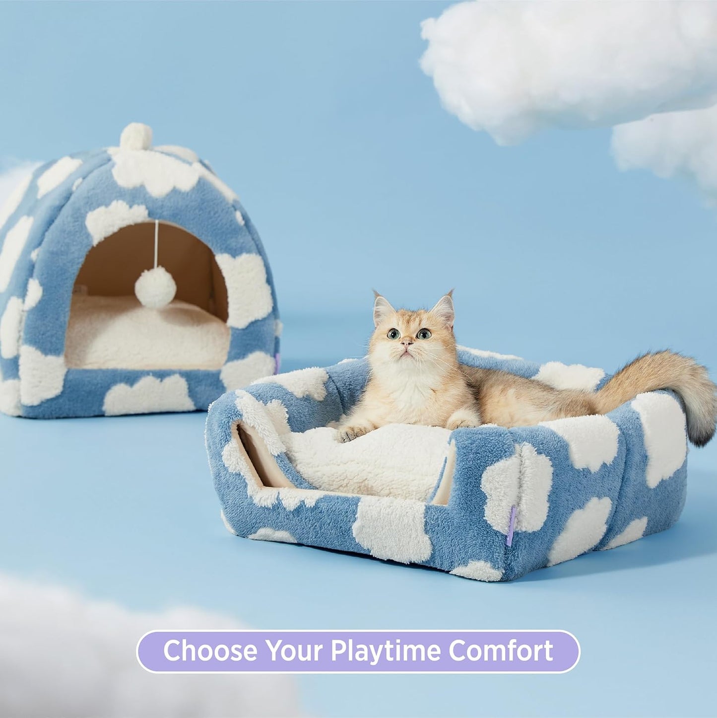 Lesure Cute Cat Beds for Indoor Cats - 2 in 1 Cat Cave Bed for Kittens and Small Pets with Removable Washable Cushioned Pillow, Cozy Kitten Tent with Non-Slip Bottom, Blue, 16 inches - Pet Explorer