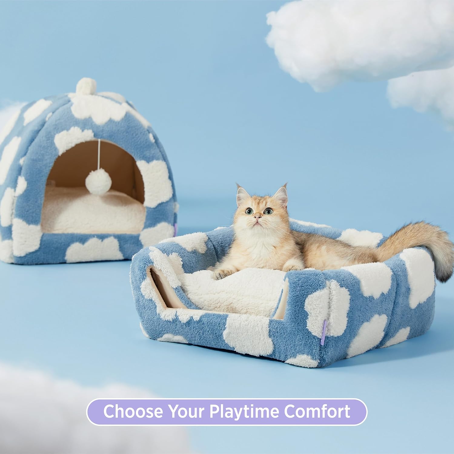 Lesure Cute Cat Beds for Indoor Cats - 2 in 1 Cat Cave Bed for Kittens and Small Pets with Removable Washable Cushioned Pillow, Cozy Kitten Tent with Non-Slip Bottom, Blue, 16 inches - Pet Explorer