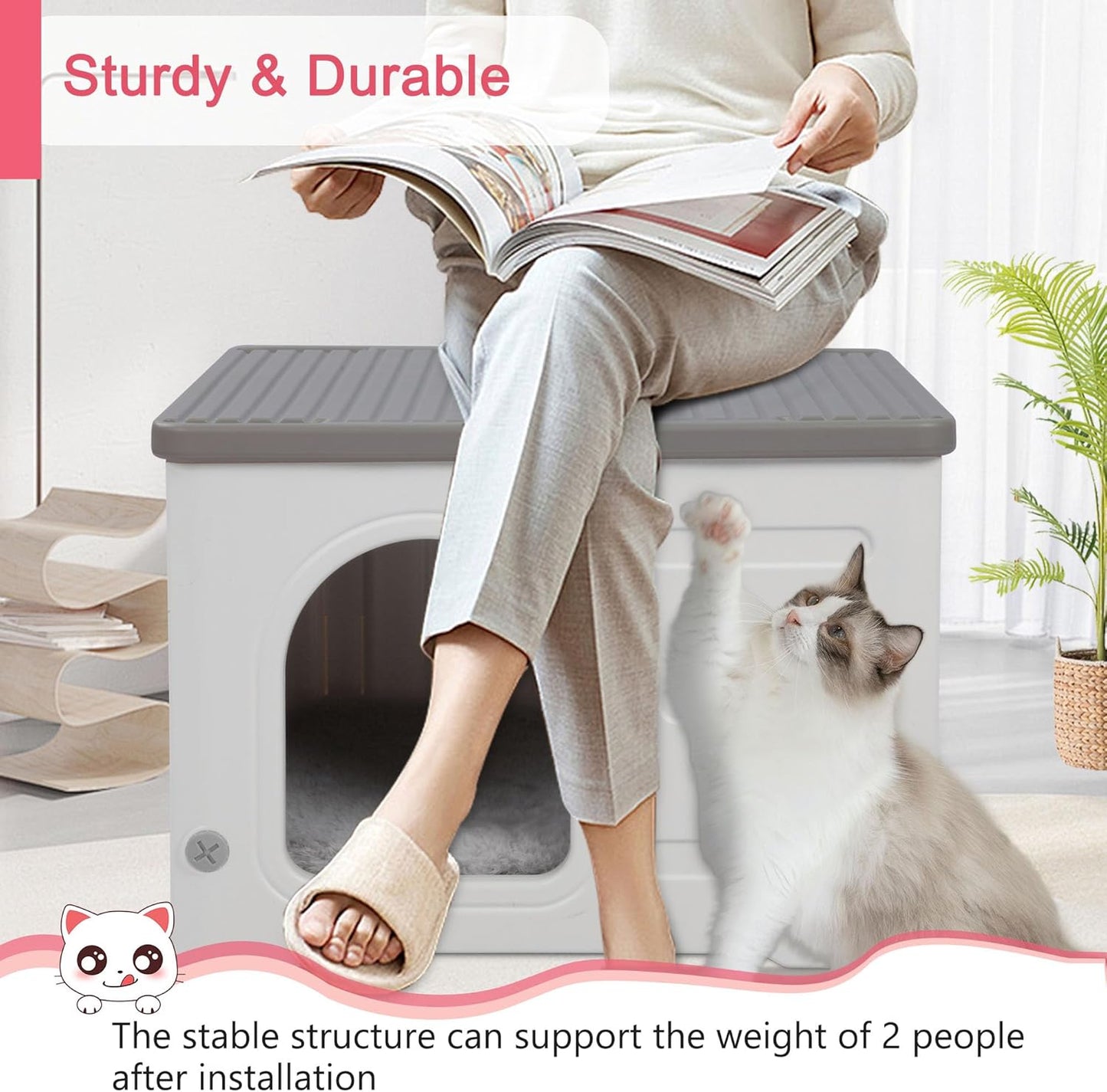 Rockever Plastic Cat House Outdoor with Escape Door, Waterproof Feral Cat House Outdoor Indoor, Sturdy Cat House for Outdoor Cats with Cat Bed Mat, Assemble Easily-Grey - Pet Explorer