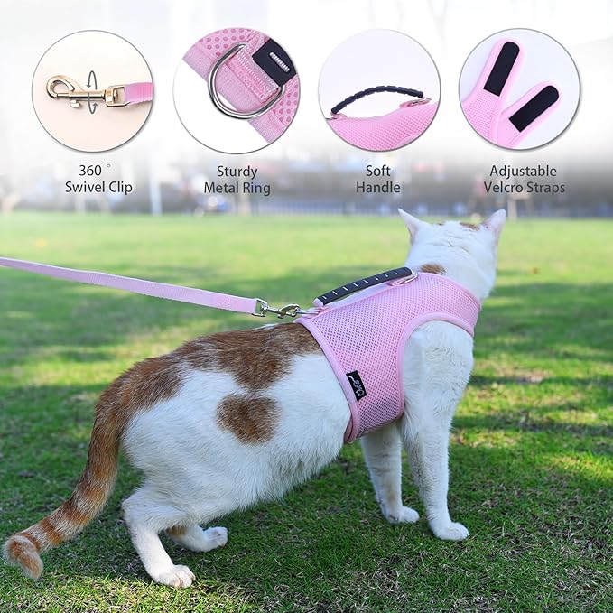 Cat Harness and Leash for Walking Escape Proof Breathable Mesh Fabric, Solid Pink, Large, Adjustable Cat Walking Jackets with Handle, Padded Stylish Cat Vest
