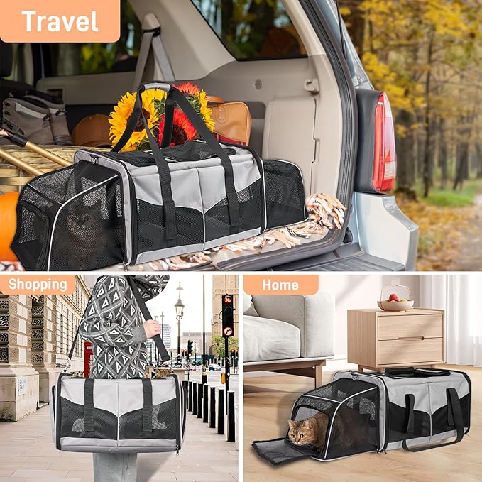 Large Cat Carrier for 2 Cats, Expandable Cat Carrier with Litter Box, Pet Carrier for Car Travel Built-in Removable Divider, Foldable Soft Cat Crate with Breathable Mesh with Breathable Mesh, Grey