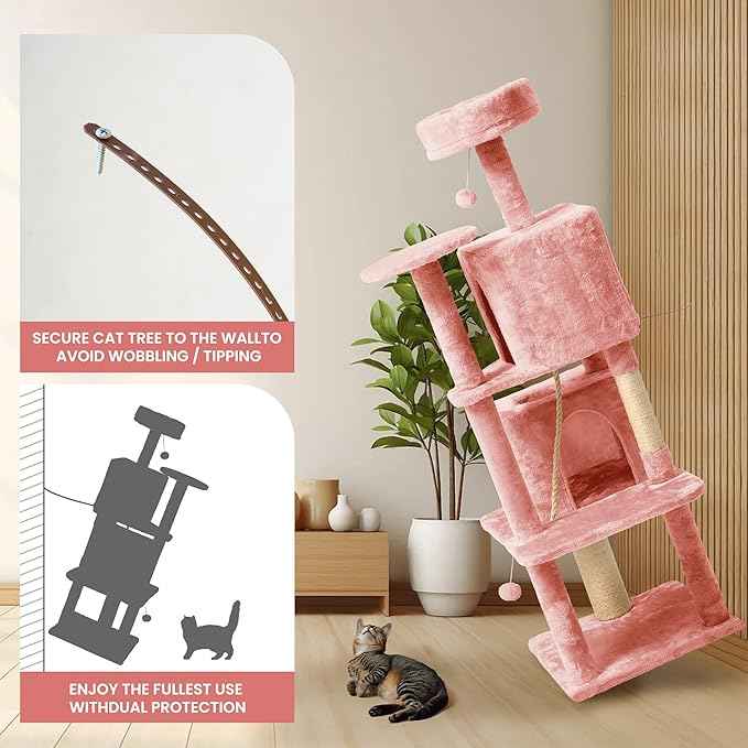 58in Large Cat Tree Tower for Indoor Cats with Soft Plush Hang Ball, Two Condos, Sisal Scratch Posts & Rope Play for Kittens/Adult Cats, Pink