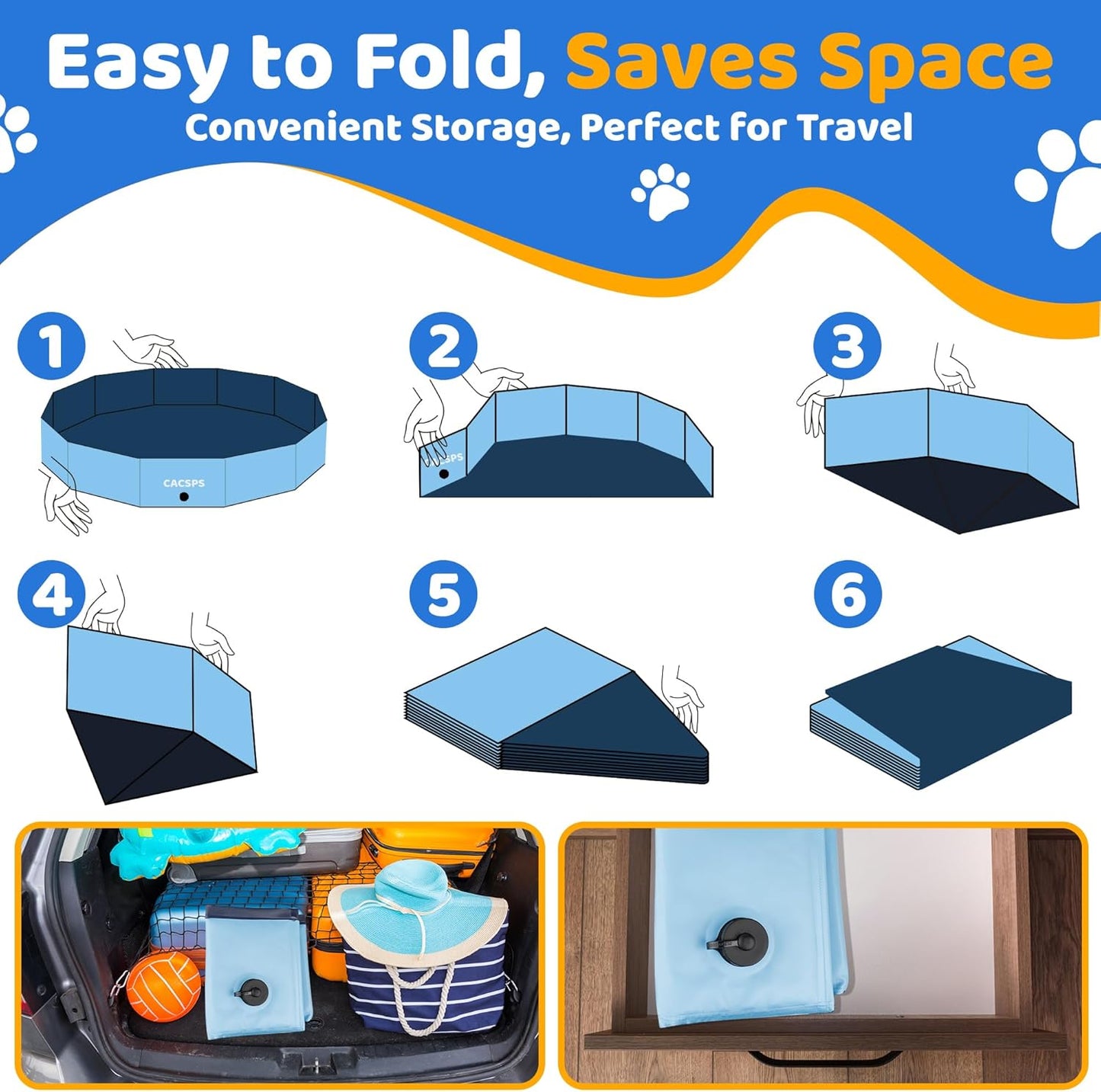 63" x 12" Foldable Dog Pool - Collapsible Hard Plastic Kiddie Pool for Dogs & Kids, Non-Slip Pet Bath Tub for Outdoor Backyard Use, Lightweight & Portable (Blue) - Pet Explorer