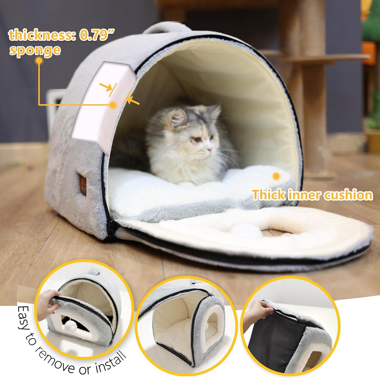 Cat Bed for Indoor Cats，Foldable cat cave，Anti-Slip & Water-Resistant Bottom，cat Houses for Indoor Cats or Small Dogs, Kitten Tent, Rabbit Bed，2 in 1 pet Bed (Grey) - Pet Explorer