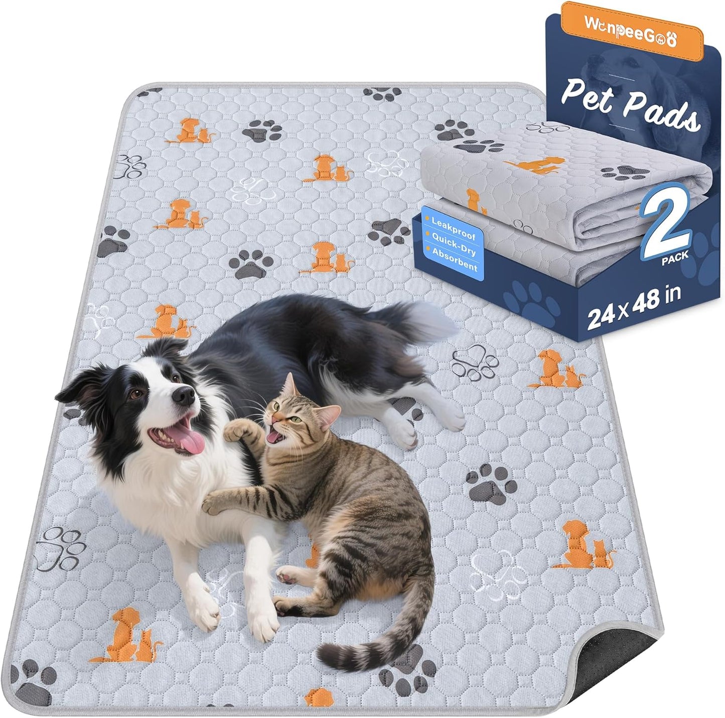 Washable Pee Pads for Dogs, 2 Pack Absorbent Reusable Training Dog Pads Pet Puppy Pads, Non-Slip Potty Pads for Whelping, Playpen, Crate, Bed, Orange, 24"x48" - Pet Explorer