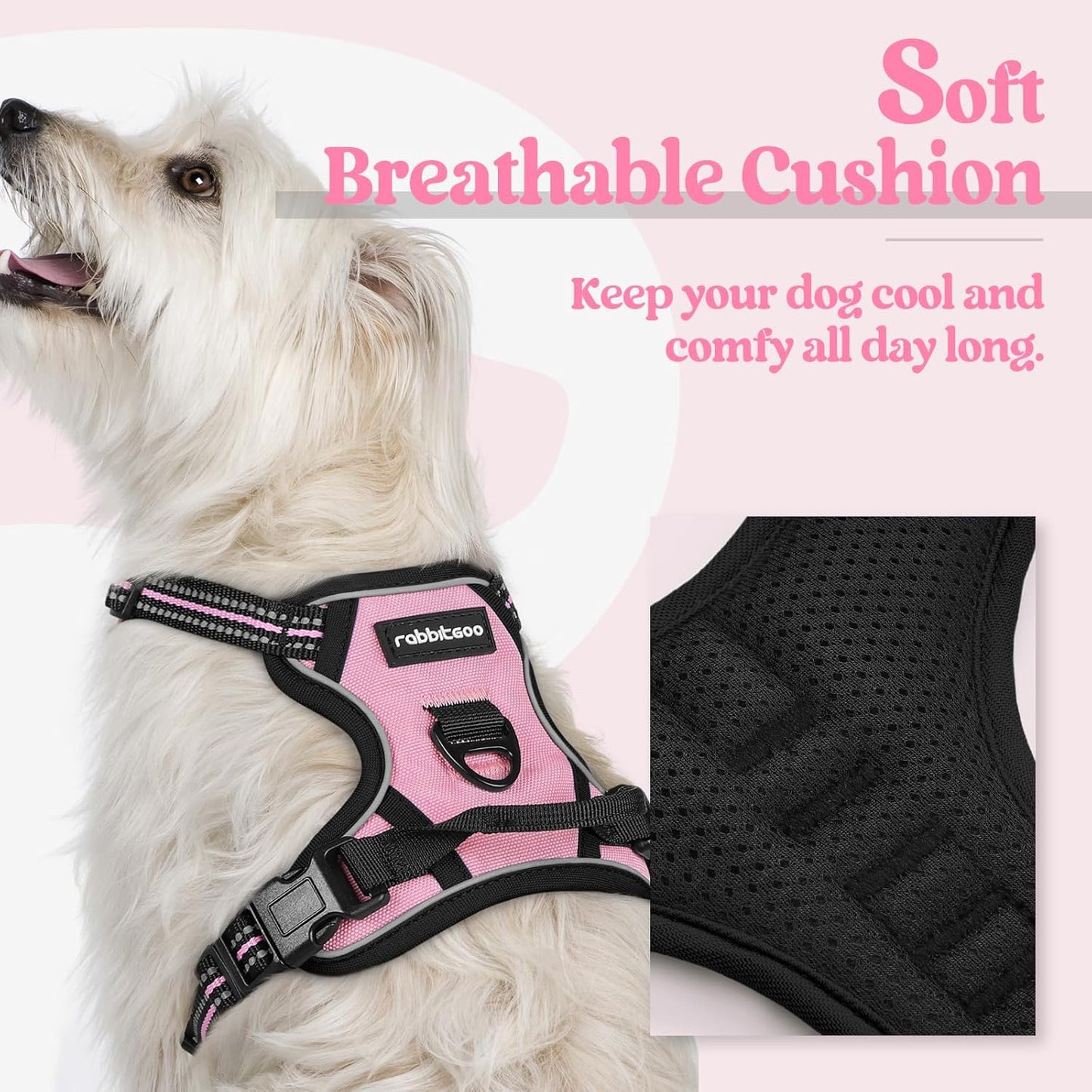 rabbitgoo Dog Harness No Pull with 2 Leash Clips, Adjustable Soft Padded, Reflective Oxford No Choke Pet Vest with Easy Control Handle for Puppy, Pink, XS