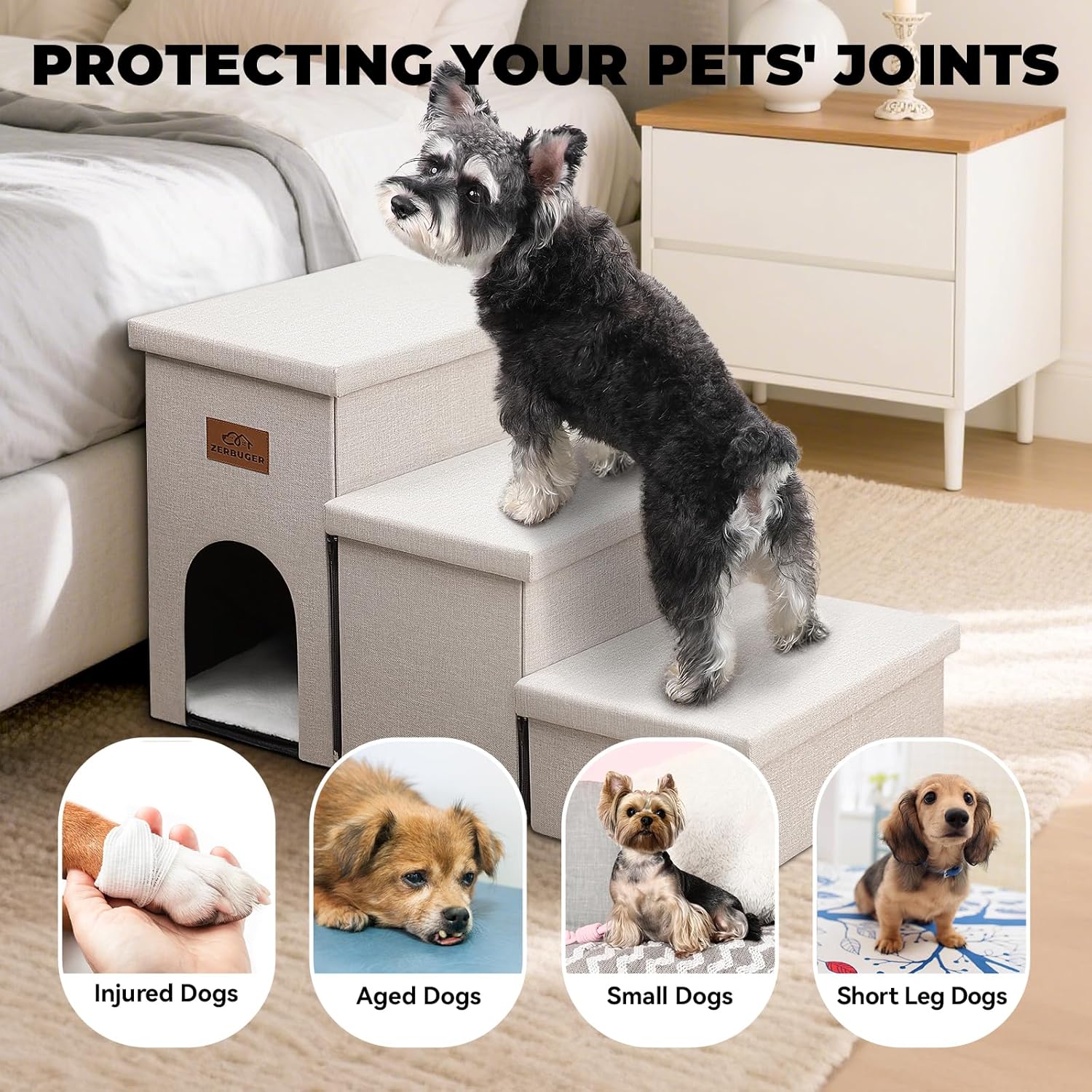 Dog Stairs with Condo 18" H, 3-Step Wider Dog Steps for High Beds Couch, Folding Storage Pet Stairs Gift for Small/Medium/Large Old Dogs Cats, Ramp for Climbing Car Up to 200 lbs, Beige - Pet Explorer