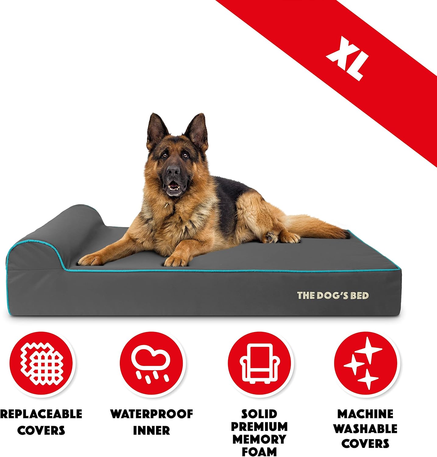 The Dog’s Bed Orthopedic Headrest Dog Bed XL Grey/Blue 46x25, Memory Foam, Pain Relief for Arthritis, Hip & Elbow Dysplasia, Post Surgery, Lameness, Veterinary Approved, Waterproof Washable Cover - Pet Explorer