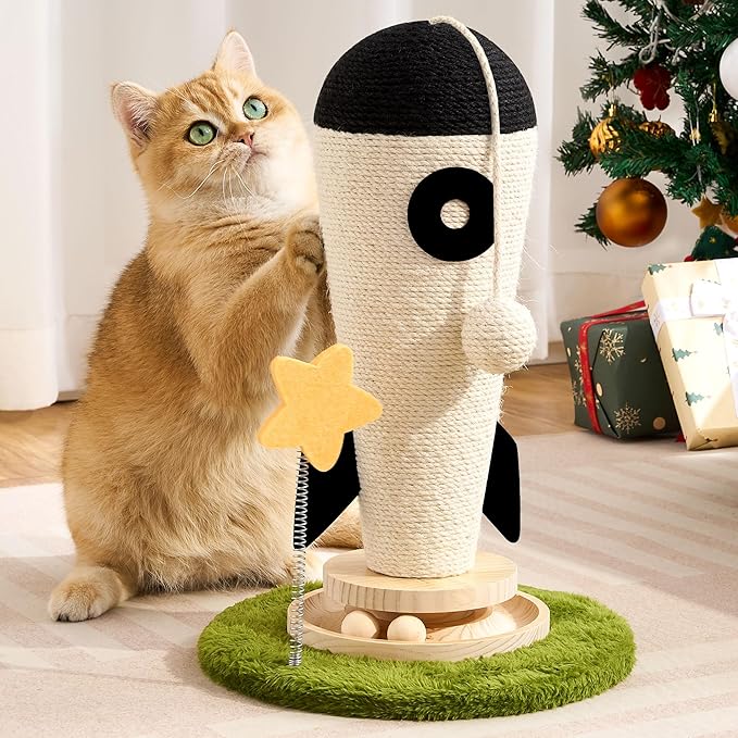 Cat Scratching Post, Rocket Cute Sisal Cat Scratcher with Durable Solid Wood Turntable Toy, Cat Scratch Post Red Cat Scratcher with Spinning Star Toy for Indoor Adult Cats