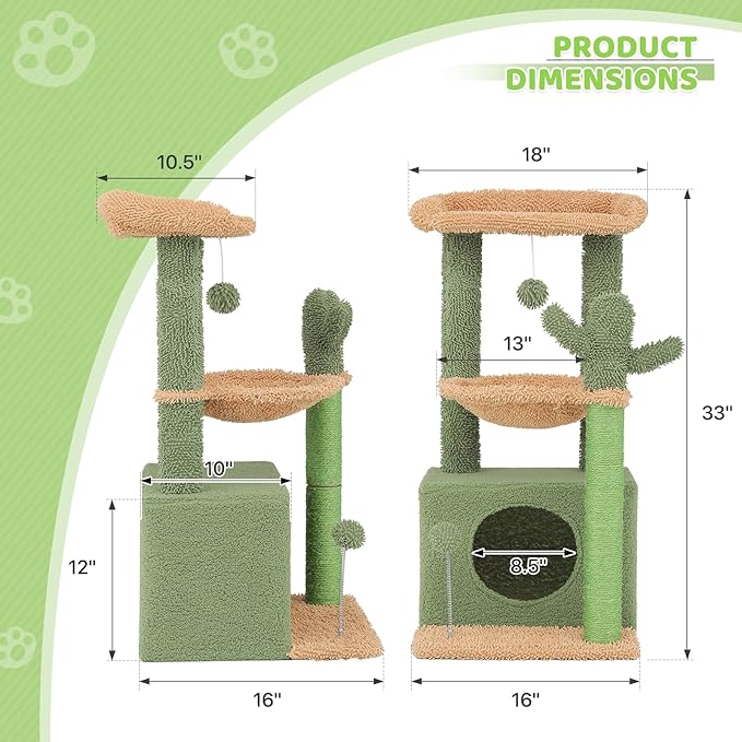 Magshion 33" Cactus Cat Tree for Indoor Cats, Multi-Level Cat Tower with Scratching Posts, Top Perch, Platforms and Hanging Balls, Fun Climbing Playhouse for Kittens and Adults