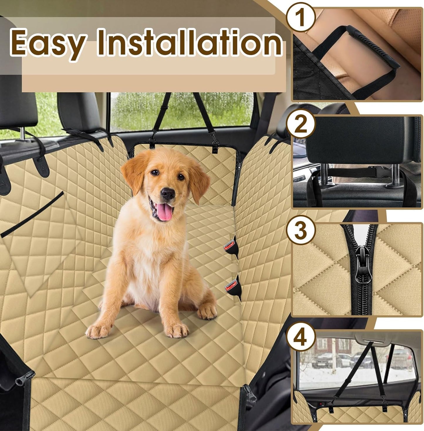 Waterproof Dog Car Seat Cover for Back Seat - Durable, Scratch Proof Pet Hammock with Nonslip Design & Storage Pockets, Fits Cars, SUVs, Trucks - L, Khaki/Black - Pet Explorer