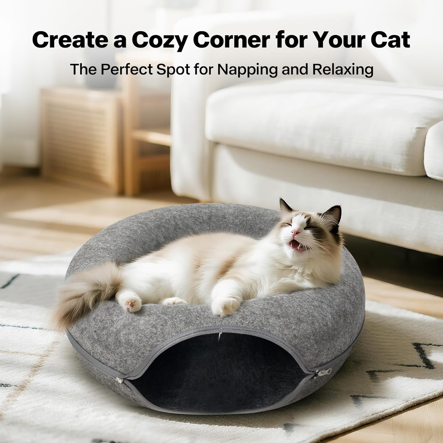 Pawise Peekaboo Cat Cave Donut Tunnel Bed, Cat Tunnel Bed,Bonus Separate Pom-Pom Bell Toy (Not Attached to Cave),Convertible Felt Cats Cave for Indoor Catty(Large) - Pet Explorer