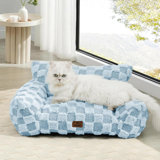 Cat Bed Cats Couch for Puppy and Kitten, Fluffy Pet Couch Small Dog Sofa Bed, Supportive Cat Sofa for Indoor Cats, Washable Cover & Non-Slip, 26 inch, Blue - Pet Explorer