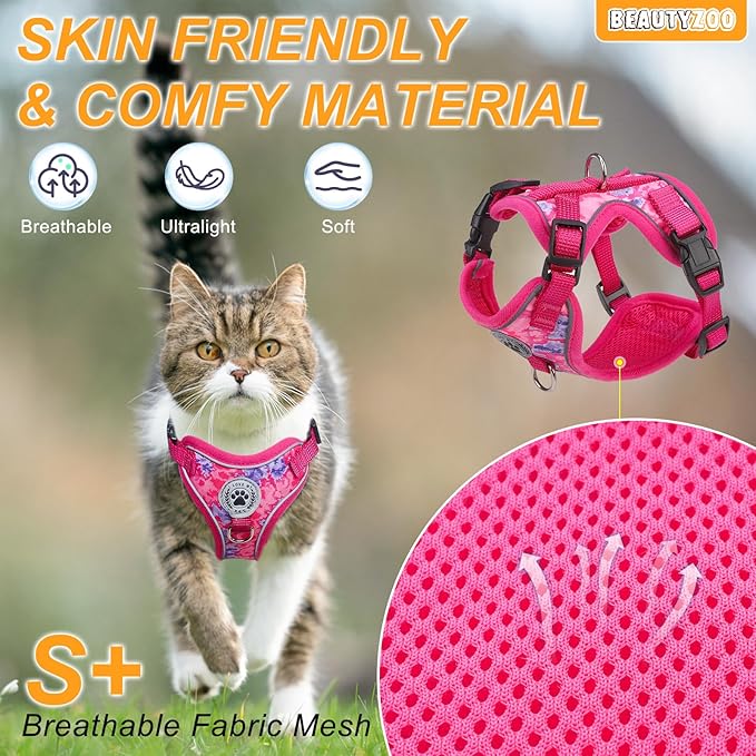 BEAUTYZOO Escape Proof Cat Harness and Leash for Walking, Soft Adjustable Cute Vest for Small to Large Cats, Reflective Breathable Easy-Control Outdoor Jacket, Kitten Harness and Leash Set, Rose, S