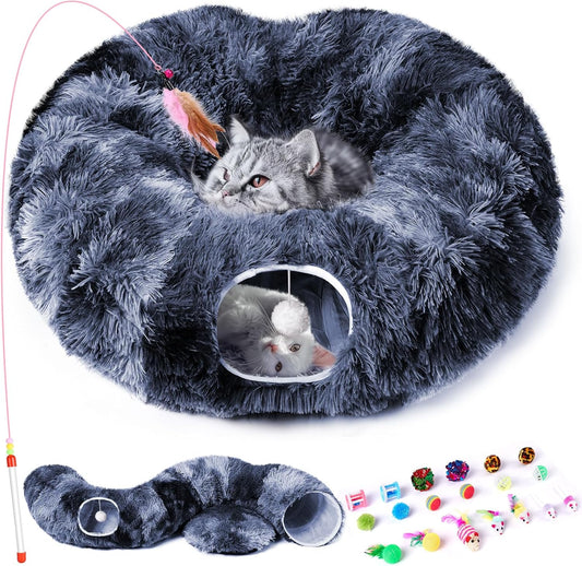 Odoland Cat Tunnels for Indoor Cats with Fluffy Plush Central Cat Couch and 20 Cat Toys, Tunnel Bed for Cats with Hanging Ball, Detachable Soft Mat and Variety Kitty Toy Set, Deep Blue - Pet Explorer