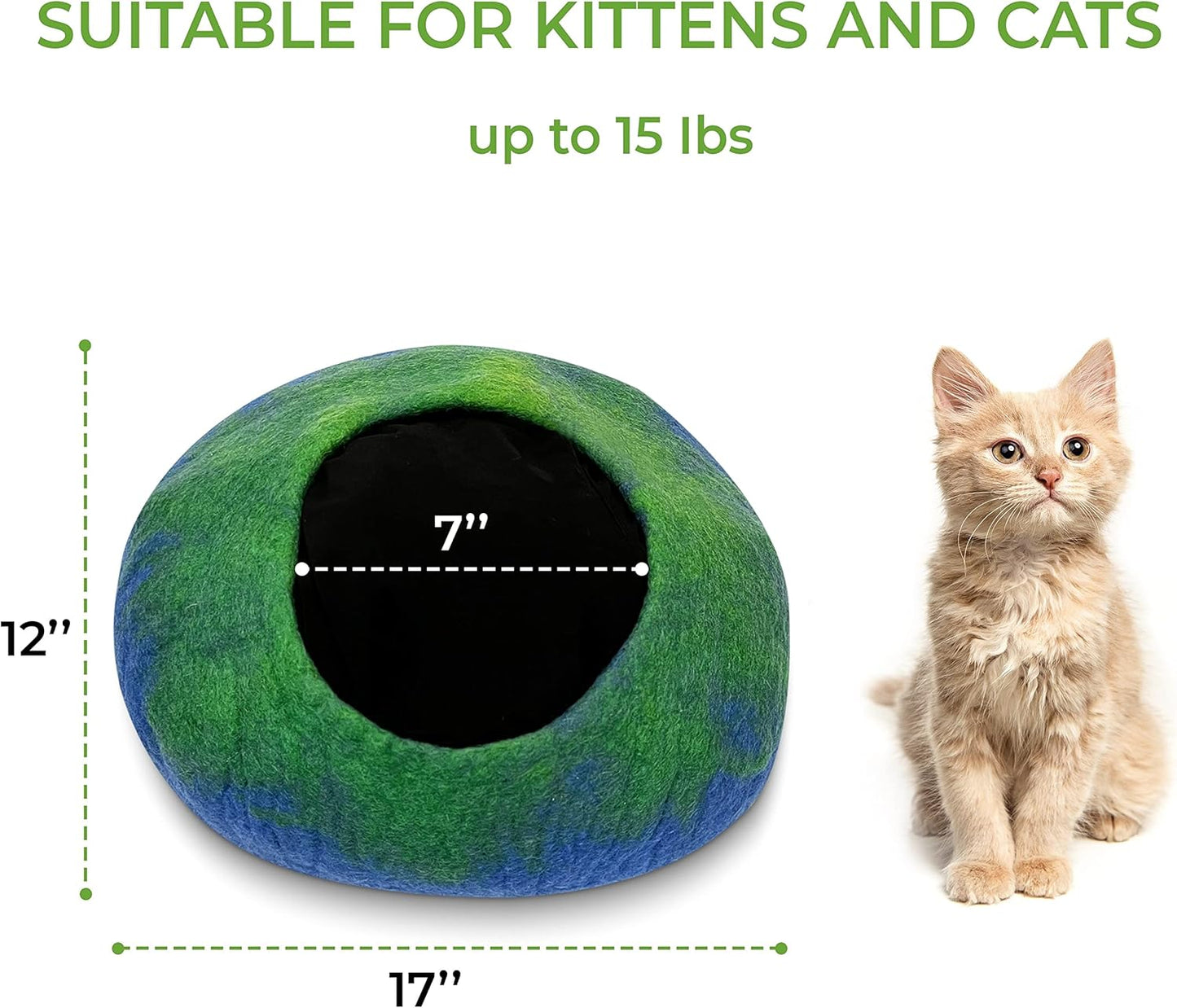 Woolygon Premium Felt Cat Cave Bed – Wool Kitty Beds Handcrafted Kitten Caves Bed for Indoor Cats - Made from 100% Eco-Friendly Merino Wool, Foldable Cat Hidewawy Covered Cat Houses (Emerald Indigo) - Pet Explorer