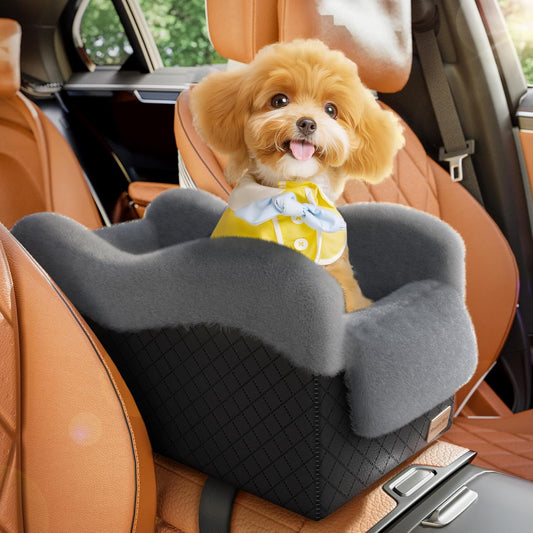Portable Small Dog Seat for Car(Up to 11LB),Luxury Center Console Dog Car Seat Booster with Safety Tethers,Auti-Collapse Pet Travel Carrier for SUV,Truck.(Black/Grey) - Pet Explorer