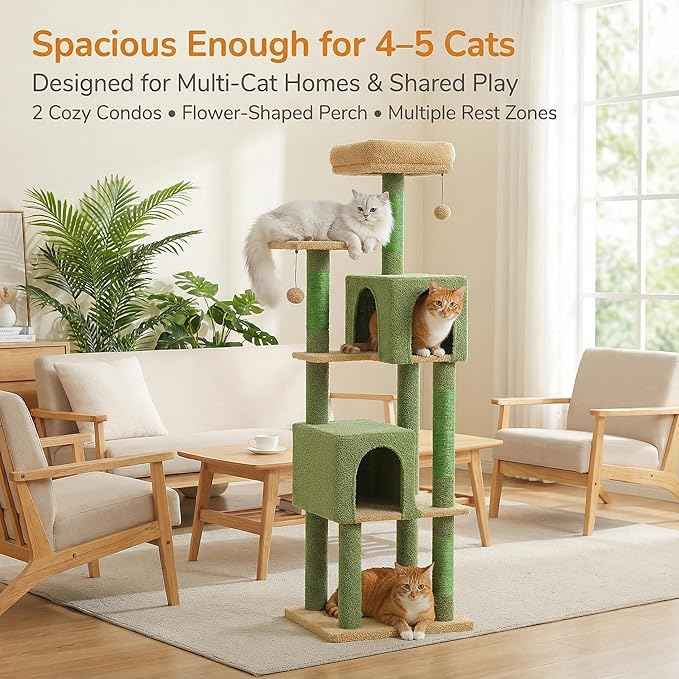 62" Cactus Cat Tree for Large Cats, Multi-Level Cat Tower with 2 Plush Condos, Soft Bed, Scratching Posts & Pad, Padded Perch & 2 Hanging Pompoms for Indoor Cats, Green