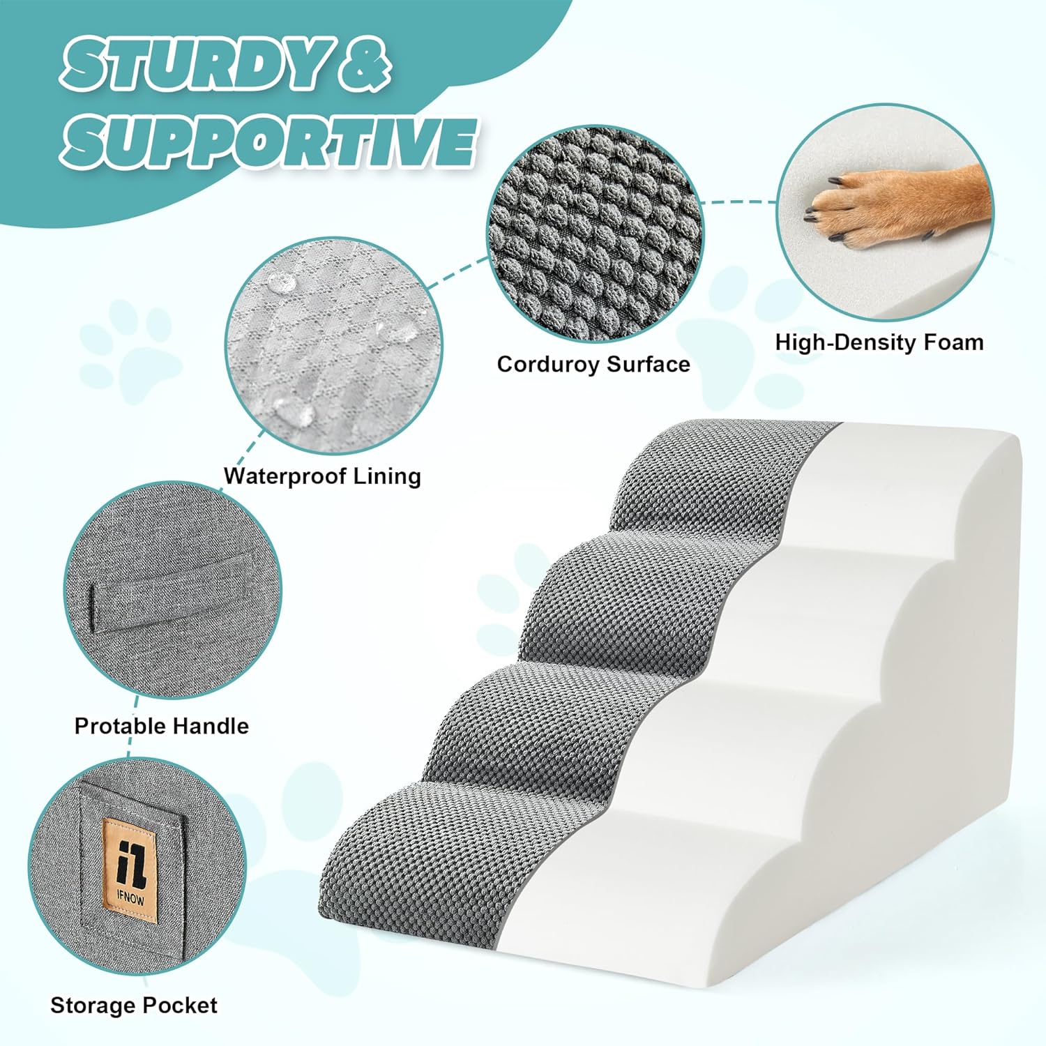 IFNOW Dog Stairs for Small Dogs and Cats 11.8" H, 3-Step Sturdy Dog Steps for Couch, Sofa or Chair, High-Density Foam Pet Stairs for Puppy, Older Cats, Non-Slip Curved Pet Ramp Indoor, Grey - Pet Explorer