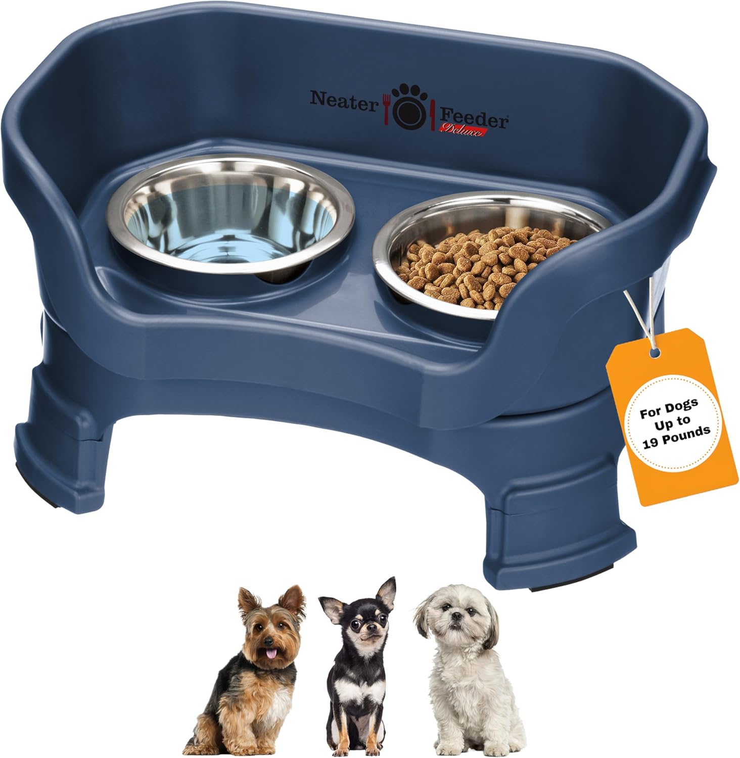 Neater Feeder Deluxe Mess Proof Dog Bowls Elevated for Small Breeds – Made in USA – No Spill Raised Dog Food Bowl Stand w/Leg Extensions – Stainless Steel Food and Water Bowl Set – Dark Blue - Pet Explorer