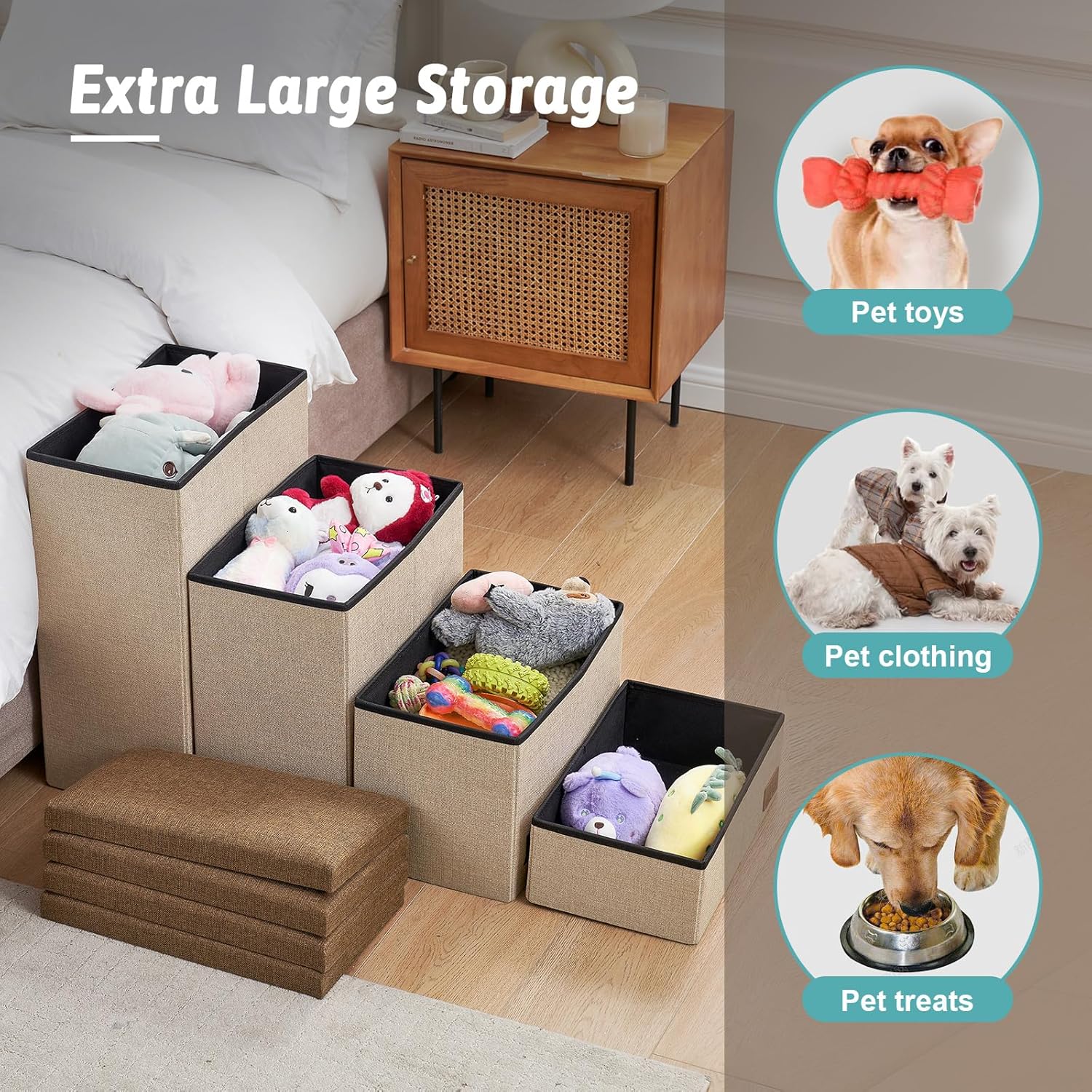 Dog Stairs with Storage, 4-Step Wider Sturdy Dog Steps for Small/Medium/Large Dogs and Older Cats, Folding Doggie Ramp for Bed/Couch/Car Hold Up to 180 lbs (22" H, Brown) - Pet Explorer