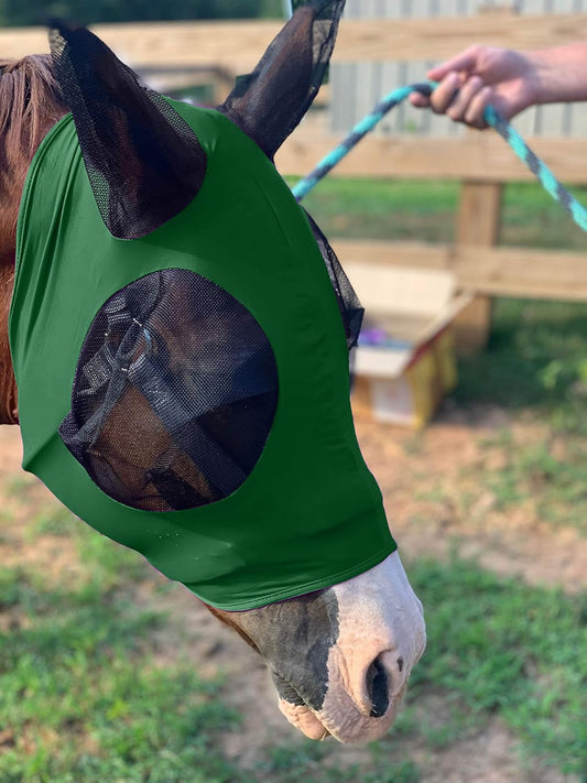 Horse Fly Mask - Durable Equine Fly Mask with Full Coverage for Eye & Ear - Stretchable, UV & Sun Protection Flymask for Horses, Ponies & Mini Horses - Horse Face Cover for Pasture & Trail - Green