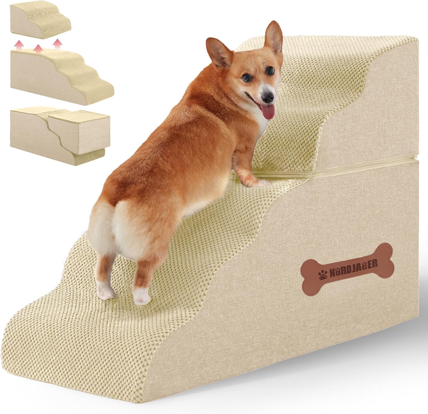 5-Step Spliceable Pet Stairs: Indoor& Outdoor Multi-Use with a Removable Cover and a Pocket, Best for Small Pets and Older Dogs Who Has Spine and Arthritis Issues to Get on High Beds, Beige（22.8" H） - Pet Explorer