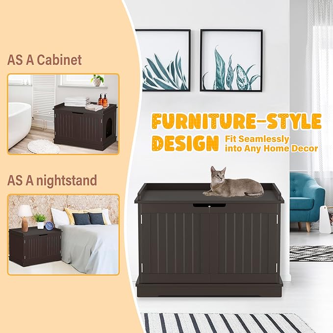 ZENY Cat Litter Box Enclosure Furniture Hidden, Wooden Cabinet with Divider, Modern Cat Washroom Storage Bench，Fit Most of Litter Box, Brown