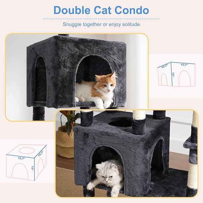 Heybly Cat Tree, 76-Inch Tall Heavy Duty Cat Tower for Big Cats with Extra Wide Baseboard, Multi-Level Large Cat Furniture with 2 Condos & 2 Hammocks, 10 Scratching Posts, Smoky Gray HCT039G
