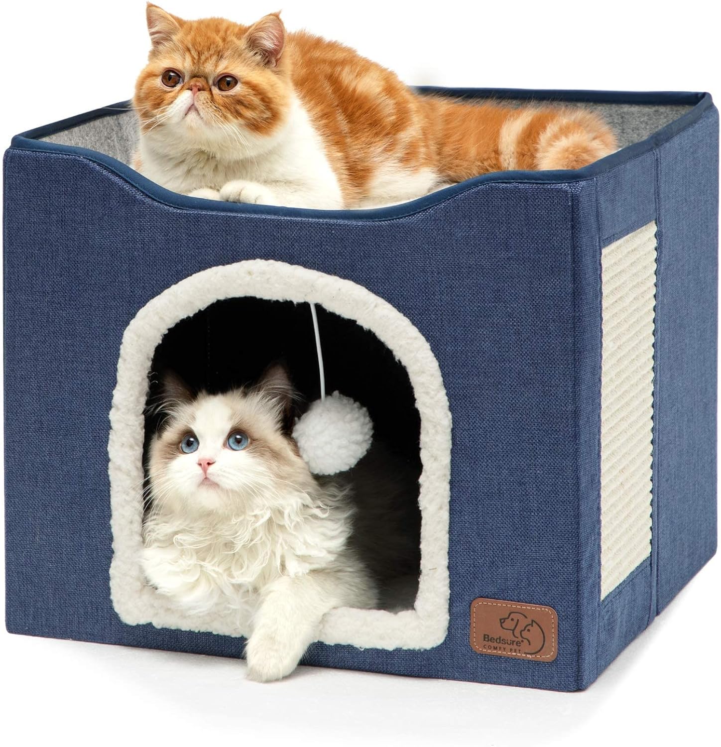 Bedsure Cat Beds for Indoor Cats - Large Cat Cave for Pet Cat House with Fluffy Ball Hanging and Scratch Pad, Foldable Cat Hideaway, 16.5x16.5x13 inches, Blue - Pet Explorer