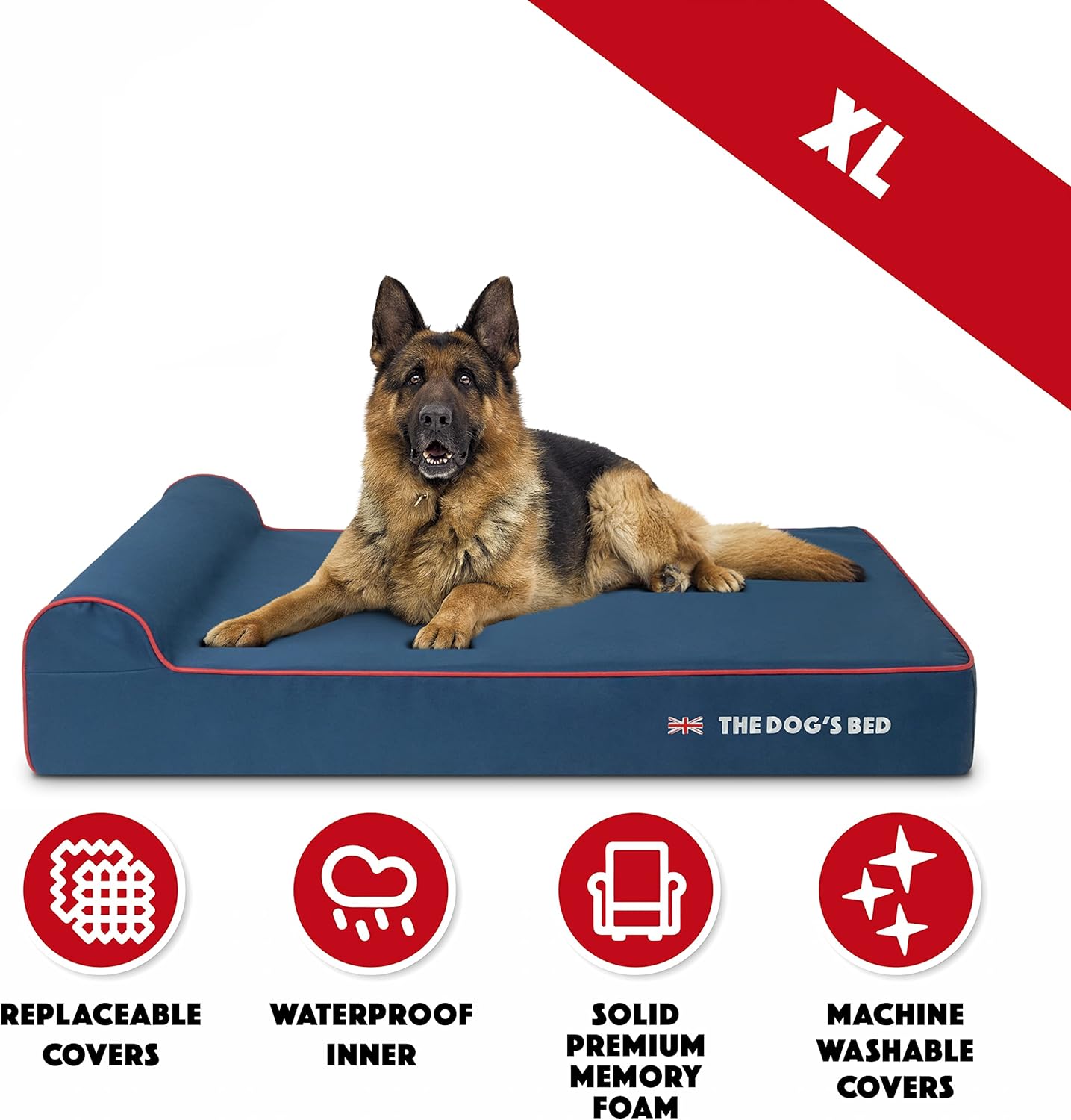 The Dog’s Bed Orthopedic Headrest Dog Bed XL Blue Oxford with Red Trim UK Flag Dog Bed 46x28, Memory Foam, Hip & Elbow Dysplasia, Post Surgery, Veterinary Approved, Waterproof Washable Cover - Pet Explorer
